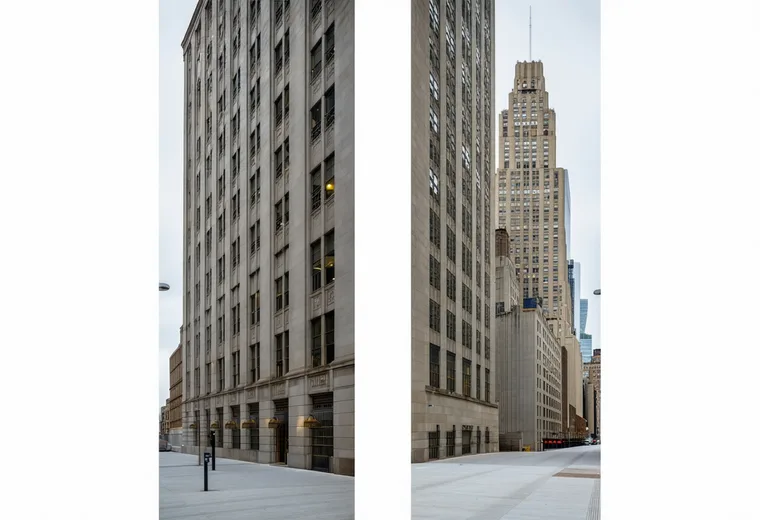 55 Broadway and surrounding Financial District streetscape in New York City, stone facade buildings, institutional architecture