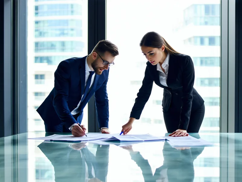 Two institutional finance professionals reviewing compliance documents at a conference table in a FiDi office