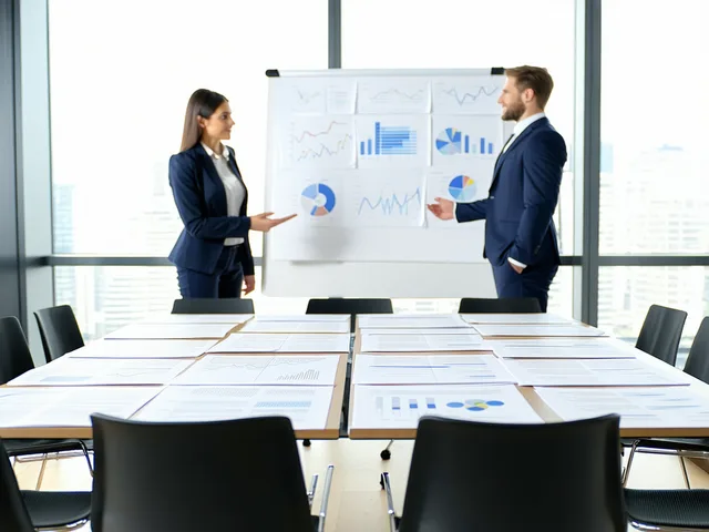 Deal structuring session with documents and whiteboard in a professional meeting room